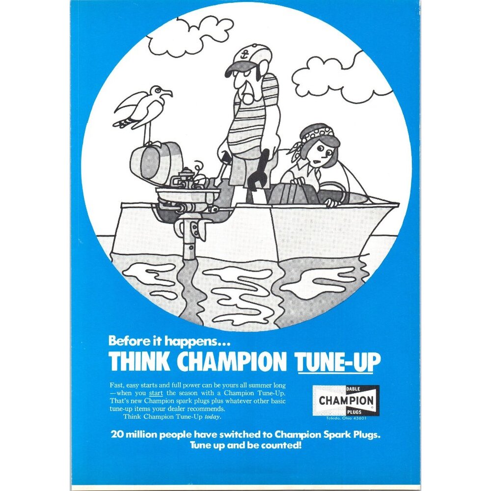 1971 Champion Spark Plugs Boat Tune Up Couple Boating Vintage Print Ad Wall Art